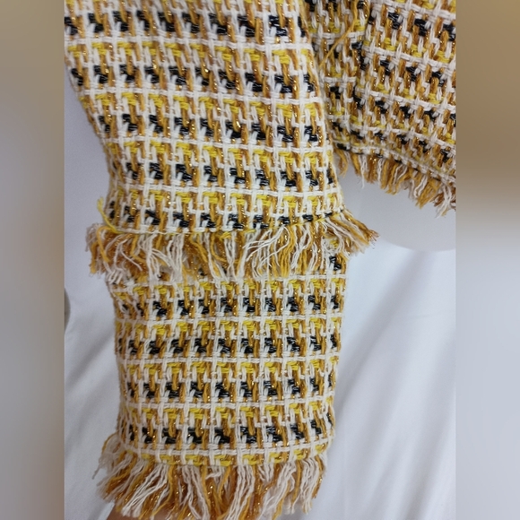 LULU'S Yellow Multi Color Tweed Patchwork Casual Corpcore Barbiecore Jacket - Picture 7 of 11